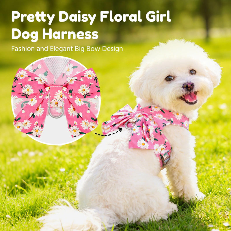 BAEJMJK Dog Harness and Leash Set with Bow Knot No Pull Pet Daisy Floral Harness with D-Ring Soft Mesh Dog Harness Vest Set Escape Proof Princess Puppy Harness for Small Girl Dogs Cats?Pink M? Medium Pink - PawsPlanet Australia