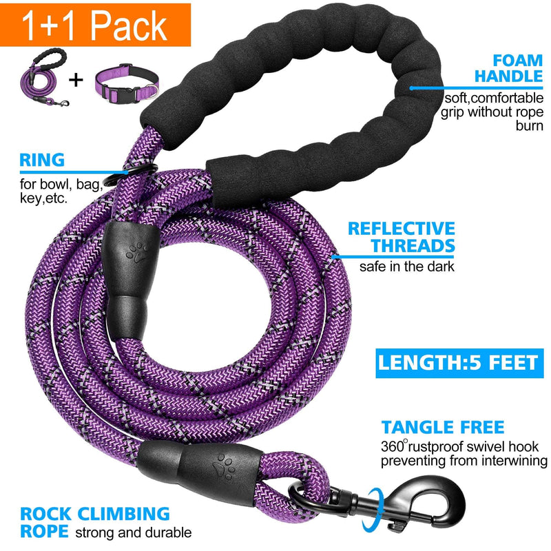 Reflective Dog Collar Padded with Soft Neoprene Breathable Adjustable Nylon Dog Collars for Small Medium Large Dogs (Small (Pack of 1), Purple Collar+Leash) Small (Pack of 1) - PawsPlanet Australia