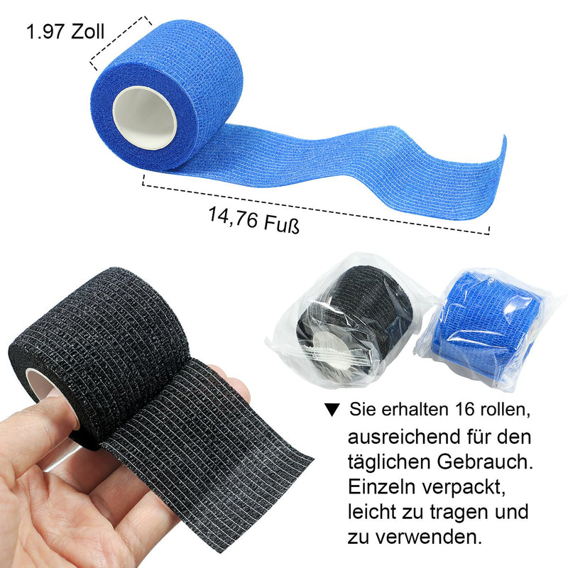 16 Rolls of Self-Adhesive Cohesive Bandage, Adhesive Bandage, Fixing Bandage, Elastic Bandage, Plaster Bandage for Fingers, Hands, Toes and Feet, 5cm x 4.5m (Blue) Blue