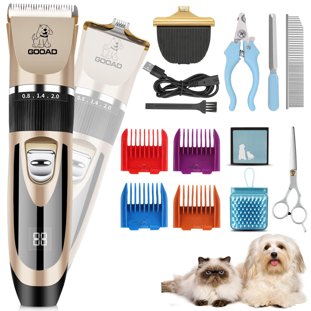 Dog Clippers Grooming Kit and Paw Trimmer,Low Noise,Electric Quiet,Rechargeable,Cordless, Pet Hair Clippers for Thick Coats, Dog Trimmer Grooming Tool, Shaver for Small and Large Dogs Cats Gold