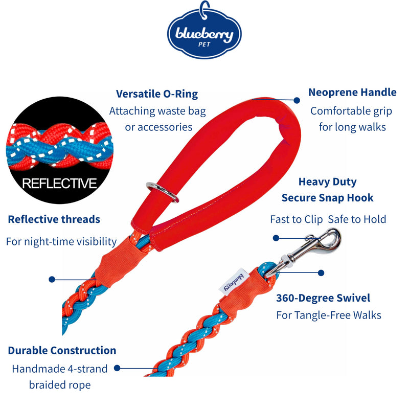 Blueberry Pet Heavy Duty Reflective Braided Handmade Dog Rope Leash in Flame Red and Azure Blue, 4 ft, Strong Leashes for Dogs - PawsPlanet Australia