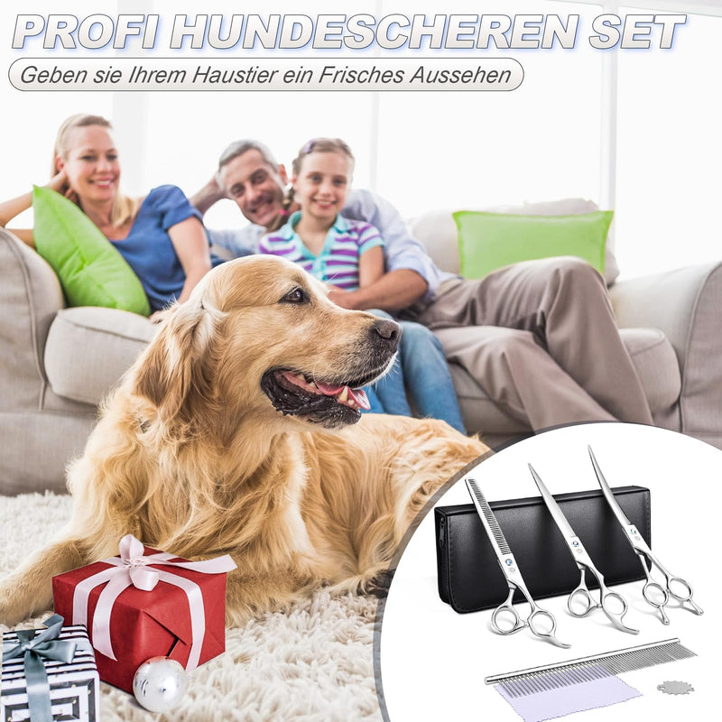 Purple Dragon 8 Inch Dog Scissor Set, Professional 3-in-1 Fur Scissors Set Silver Straight, Serrated and Curved Scissor are Included for Cats and Other Animals