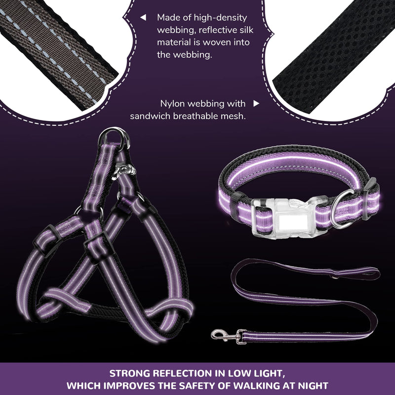Reflective Dog Harness Collar Leash Set, Step-in Dog Harness for Large Dogs No Pull, Easy to Put in&Take Off, Adjustable Dog Harness Collar Leash Set for Large Dogs, Purple 3 Combos-Purple L:24" to 36"-in chest - PawsPlanet Australia