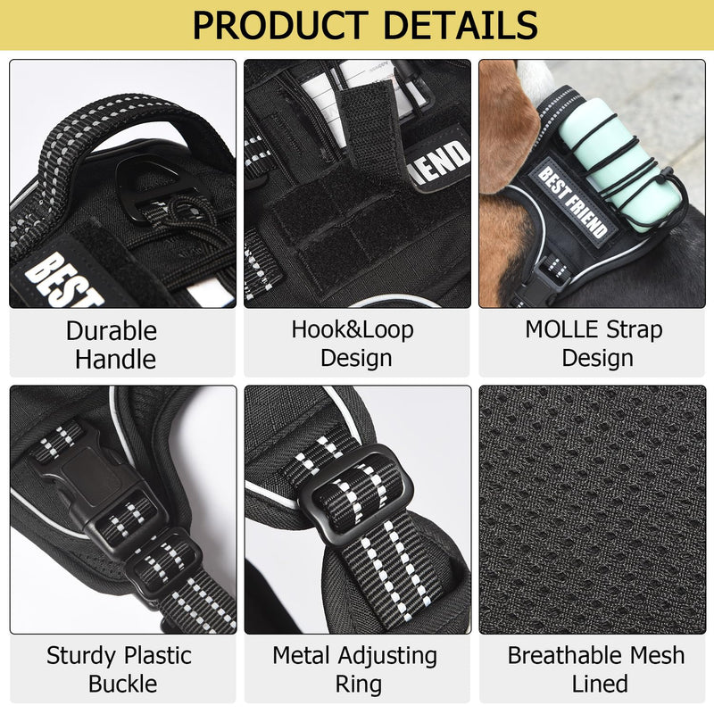 PET MARVEL Heavy Duty Dog Harness with Handle, No Pull Adjustable Outdoor Vest with Metal Buckles, MOLLE Panel & Reflective Strips for Medium Large Dogs M(Neck:16-22",Chest:22-33") Black