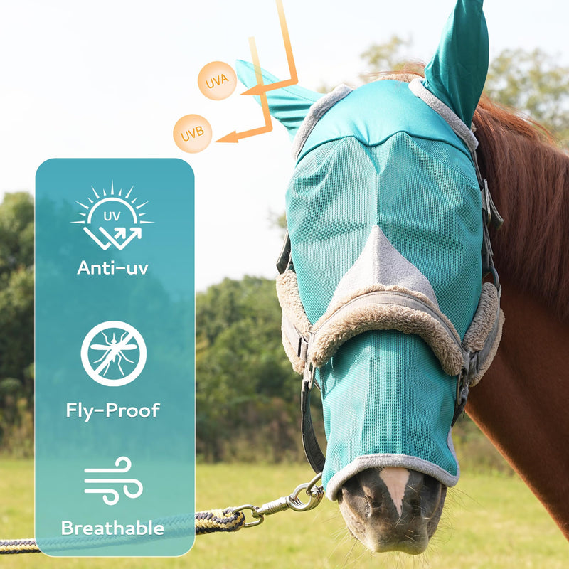 Horse Fly Mask with Ears - UV Protection, Breathable Mesh, Soft Edging for Comfort, Adjustable Fit for Horses & Ponies - Stops Flies, Bugs & Sun Bleaching, Size L