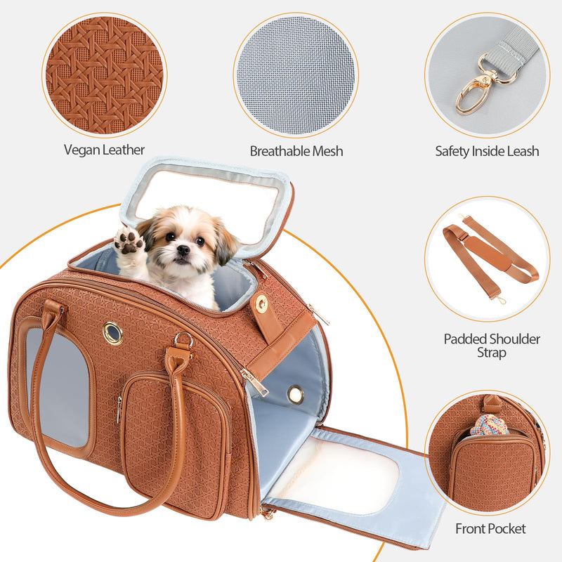 Dog Purse Carrier for Small Dogs, Airline Approved Pet Carrier Purse with Mesh Windows, Soft-Sided Travel Bag for 5–9 lbs Puppy & Cats, Lightweight Tote for Travel & Daily Outings Brown 16.1inch x 8.7inch x 12inch(LxWxH)