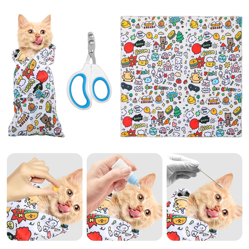 Cat Grooming Wrap Self-Adhesive Cat Swaddle Restraint with Nail Clipper Anti Bite Scratch Escape Pet Burrito Blanket Tool Supplies for Nail Trimming Clipping Cutting Teeth Brushing Ear Cleaning - PawsPlanet Australia