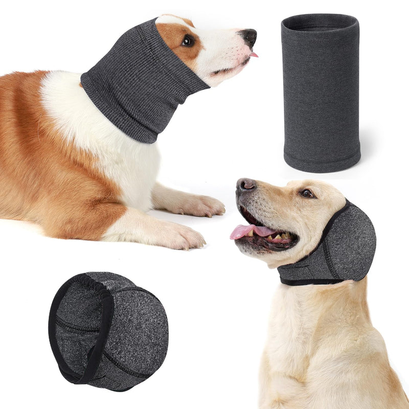Eyein Dog Ear Protectors - 2 Packs Dog Ear Defenders and Snood Set, Upgrade Calming Ear Muff and Hood Adjustable for Anxiety Relief, Breathable Pet Head Cover Wrap for Noise Cancelling Medium Grey