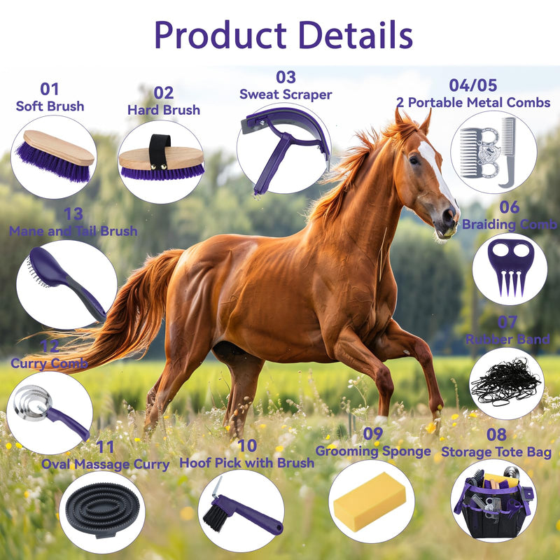 13 Piece Horse Grooming Kit, Complete Horse Brush Set & Curry Comb, Horse Brushes for Grooming with Tote Bag, Tack Room Supplies for Effective Bathing Massaging, Gift for Horses Owners (Purple)