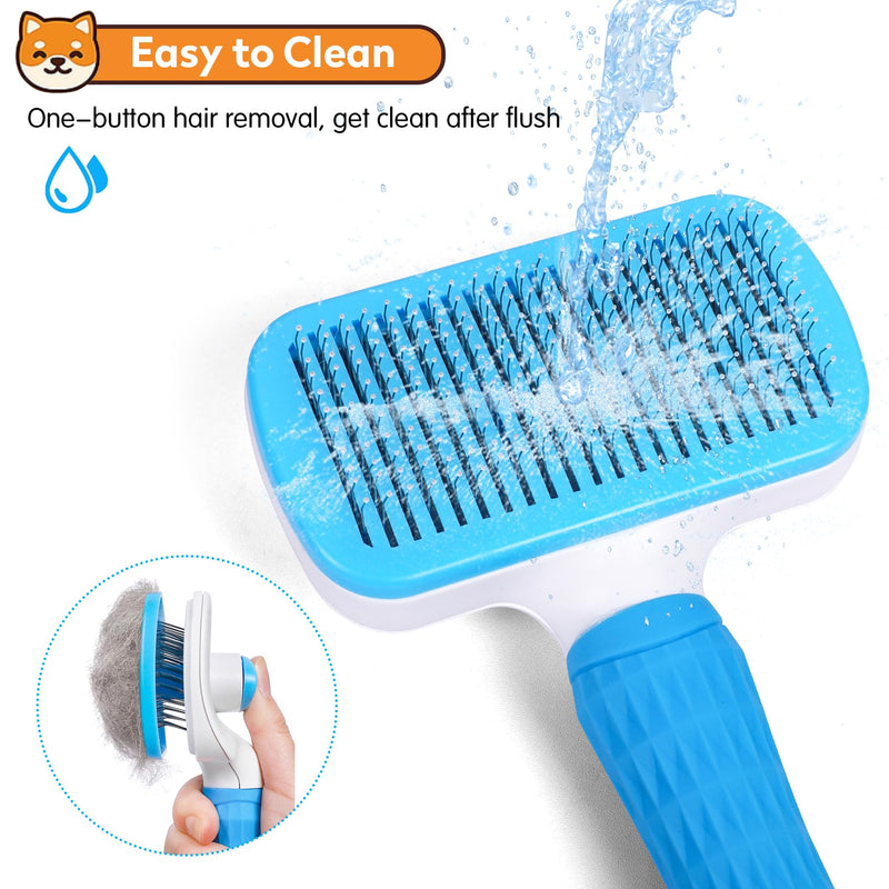 Dog & Cat Brush, Self Cleaning Slicker Brush for Pets, Upgraded Dog Brush for Shedding Massaging and Grooming, Removes Loose Undercoat & Portable Comb for Long Short Haired Dogs(Blue) Blue