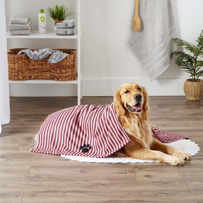 Bone Dry Pet Grooming Towel Collection Absorbent Microfiber X-Large, 41x23.5", Striped Cranberry - PawsPlanet Australia