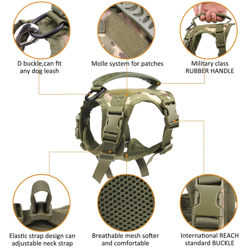 Annchwool Tactical Dog Harness for Small Dogs with Handle, Military Service Dog Vest and Leash Set for Outdoor Training Walking Hiking, Adjustable (Black, Camo) Green Camo XS (Neck:9.7"-14")(Chest: 11.8"-19") - PawsPlanet Australia