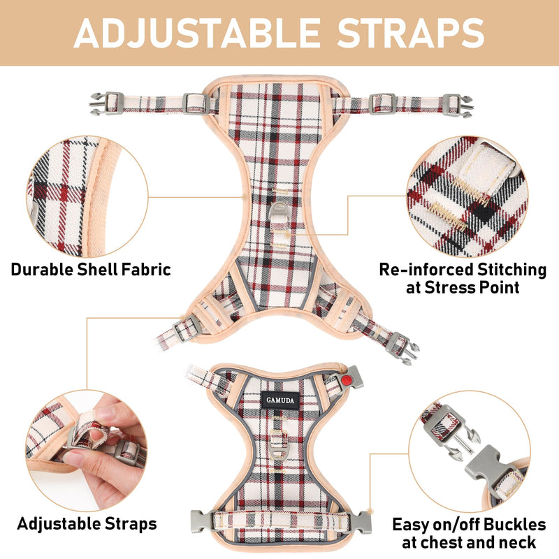 GAMUDA Dog Harness Collar and Leash Set, Dog Harness, No Chock No Pull Adjustable Vest Harnesses Plaid Reflective for Medium Dog, Cat, Small Horse, Small Bull and Pig (Beige, S) Beige