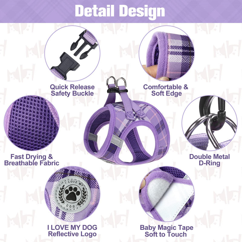 BEAUTYZOO Small Dog Harness and Leash Set,Step in No Chock No Pull Soft Mesh Dog Harnesses Reflective for Extra-Small/Small Medium Puppy Dogs and Cats, Plaid Dog Vest Harness for XS S Pets Small(Chest Girth 14.5" - 16") Purple