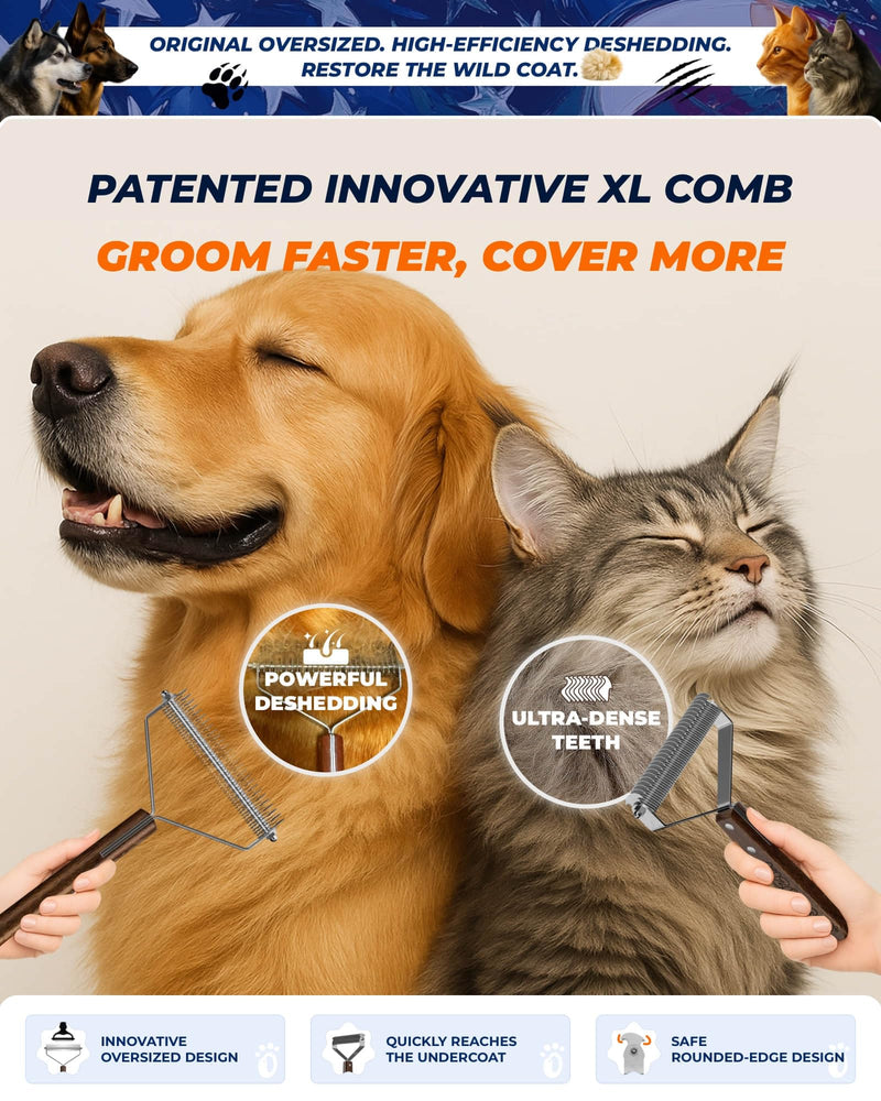 Extra Large 2-Sided Dog Brush For Shedding Undercoat Rake for Dogs & Cats, Remove Mats, Dematting Comb,Gentle Grooming Brush for German Shepherds Medium to Long-Haired Pets(Premium Walnut Handle) XL Pro - Walnut - PawsPlanet Australia