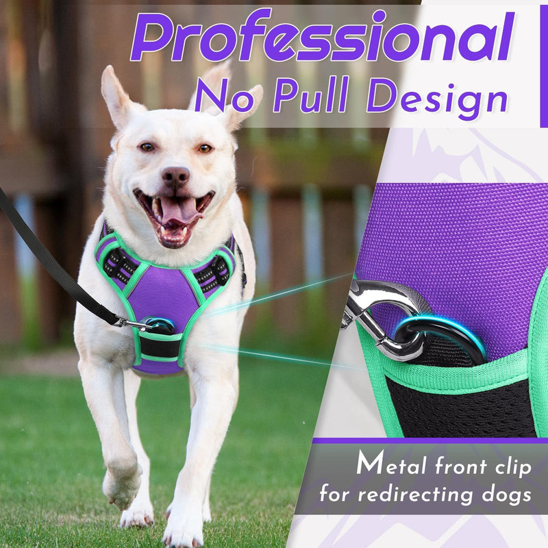 Eagloo Dog Harness Medium, No Pull Harness with Front Back Clips, Adjustable Dog Walking Vest, Soft Padded Pet Vest, Reflective No-Choke Breathable with Easy Control Handle, Purple & Green, M M (Pack of 1) - PawsPlanet Australia
