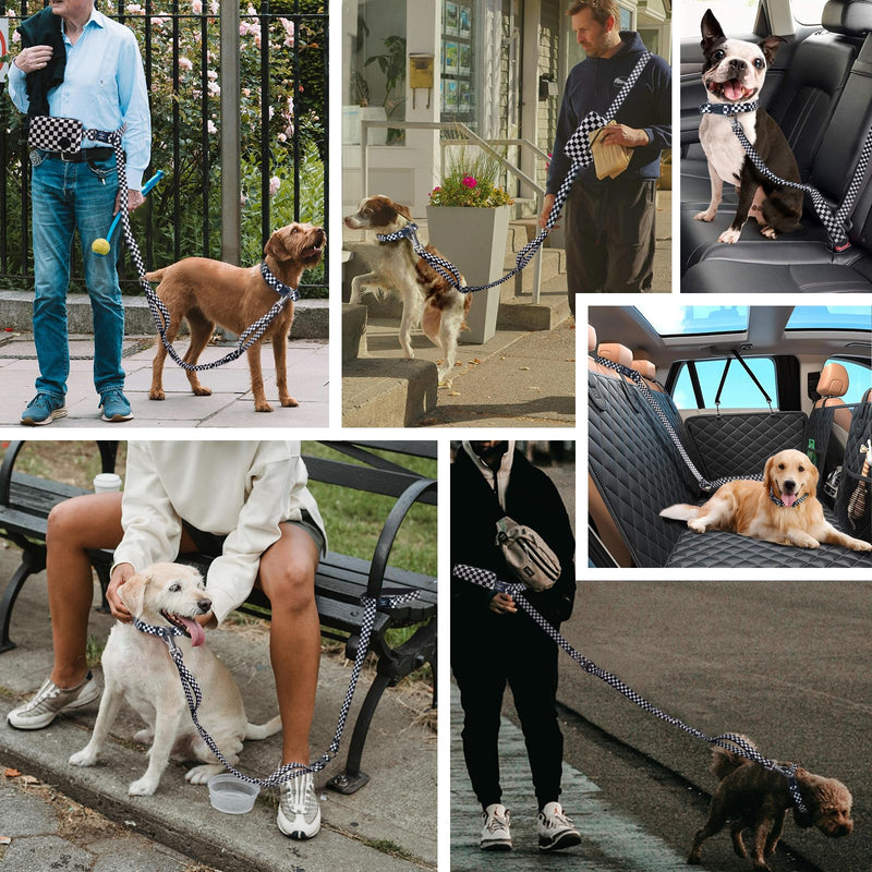 Roses&Poetry Hands Free Dog Leash with Zipper Pouch, 6-9ft Bungee Waist Leash for Medium Large Dogs Walking, Running Lead with Dual Padded Handles Car Safety Buckle for Training Jogging Checkered (XL) 6-9FT With Zipper Pouch, 2 Handles - PawsPlanet Australia
