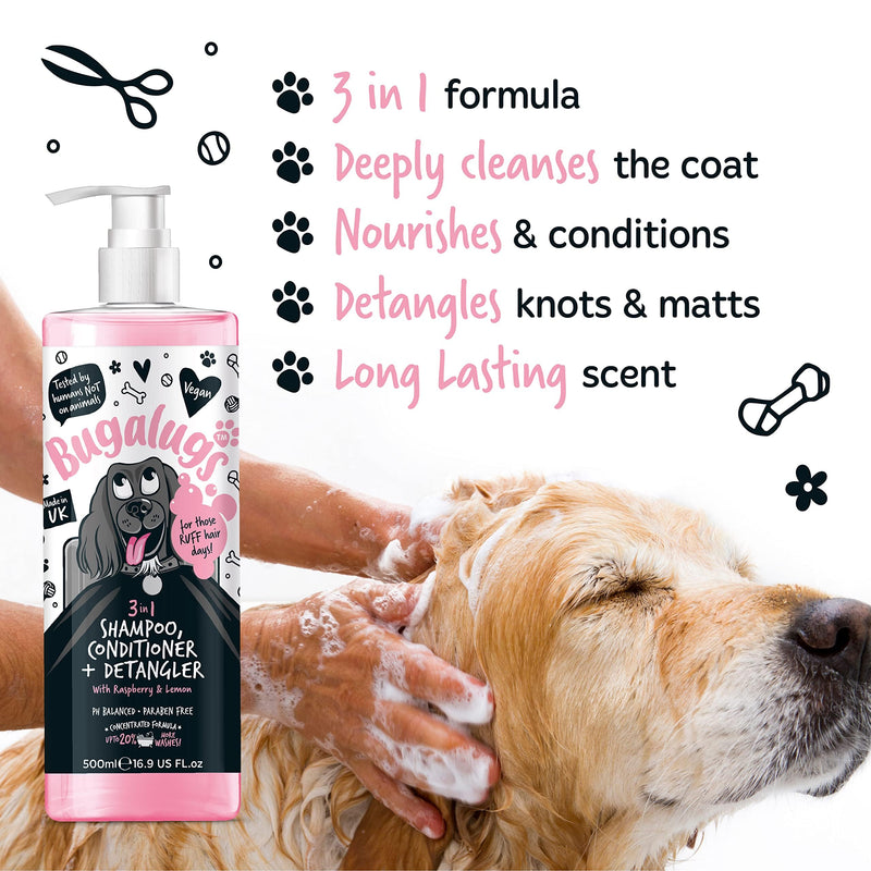 BUGALUGS 3-in-1 Dog Shampoo, Conditioner & Detangler – Raspberry & Lemon Scented Grooming for Smelly Dogs, Puppy Coat Care, Pet Accessories (500ml) (BSDTCDE500) Shampoo 500ml
