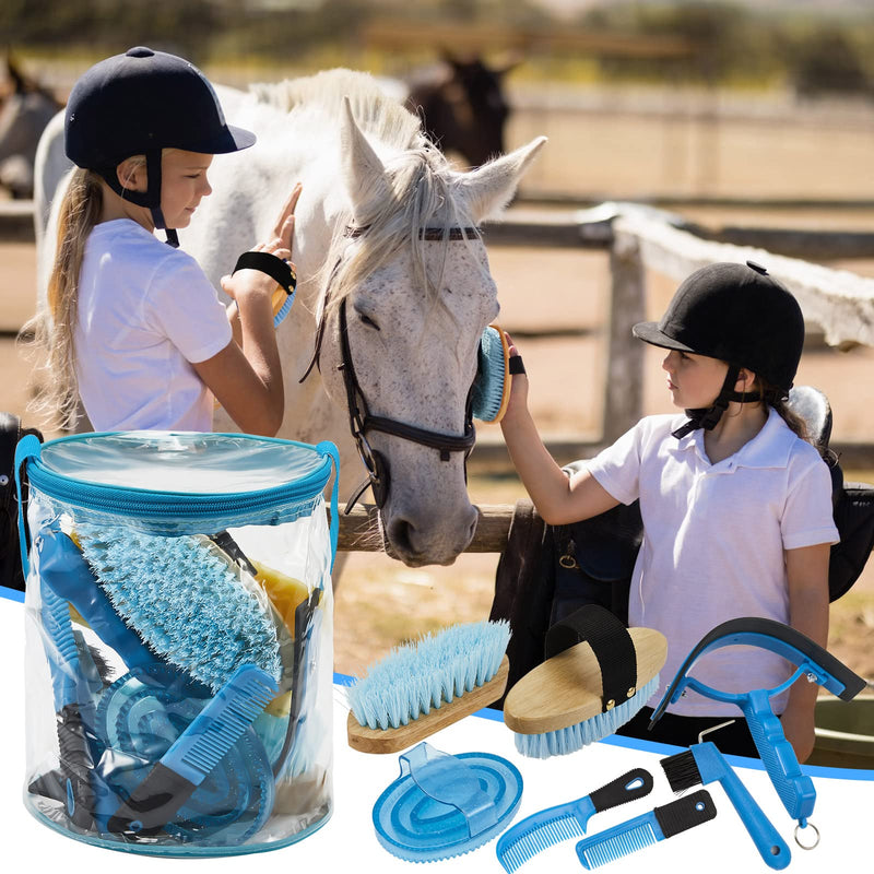Cunhill 9 Pcs Horse Grooming Kit Tack Room Supplies Set with Tote Bag, Oval Massage Curry, Hard and Soft Brush, Hoof Pick, Sweat Scraper, Bathing Sponge, Comb for Horse Rider(Cute,Blue) Cute Blue