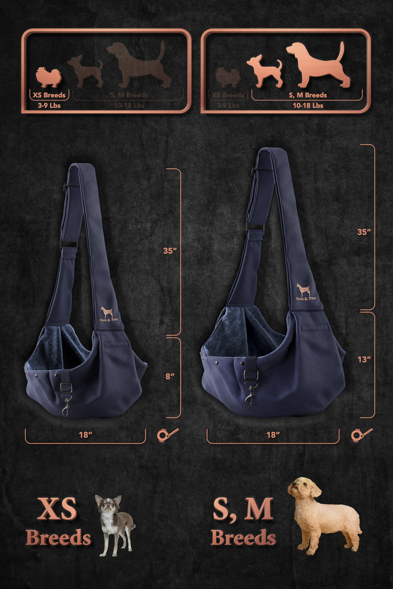 Noah & Paw Dog Sling Carrier for Small Dogs 5-18lb, Dog Sling for Small Dogs and Cats, Dog Carrier with Adjustable Padded Strap, Premium Twill, Lined with Fur, Double Safety Feature, Machine Washable Navy Blue 46 cm L x 33 cm W x 17 cm H - PawsPlanet Australia