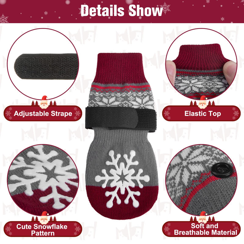 BEAUTYZOO Christmas Winter Anti-Slip Dog Socks with Grips Traction Control for Small Medium Large Dogs, Non Skid Indoor Double Side Pet Paw Protector for Hardwood Floor Wear, Snowflake M M(Pack of 6) Snowflake Red - PawsPlanet Australia