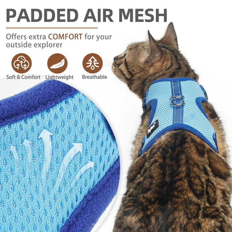 PUPTECK Cat Harness and Leash Set Escape Proof, Reflective Adjustable Soft Mesh Kitten Vest Harness for Walking Travel, Blue, M Medium