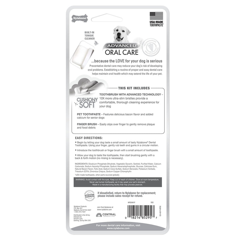 Nylabone Advanced Oral Care Senior Dog Dental Kit with Cushiony Soft-Bristle Toothbrush Senior 3 Count Bacon