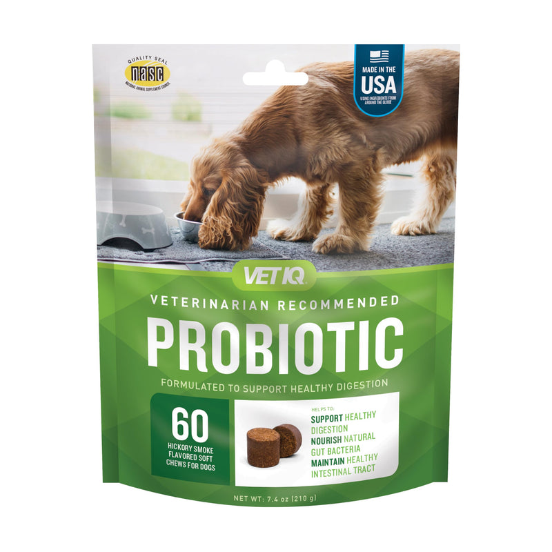 VetIQ Probiotic Supplement for Dogs, Digestive Support for Dogs, Nourishes Gut Bacteria and Supports Bowel Function, Hickory Smoke Flavor, Made in The USA, 60 Count