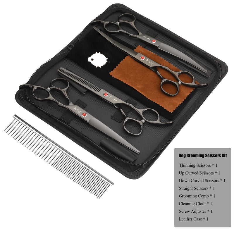 Dog Grooming Scissors Kit, Fcysy Professional Pet Hair Cutting Shears Set with Curved & Straight Blades Scissors Thinning Shears– Stainless Steel Grooming Tools for Dogs & Cats at Home 8pcsblack - PawsPlanet Australia