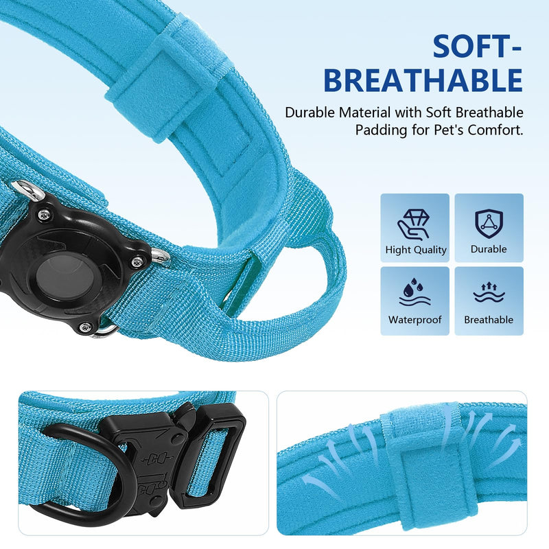 Tactical Airtag Dog Collar Waterproof - Adjustable Nylon Training Collar with Secure Airtag Holder, Control Handle & Quick-Release Buckle for Medium Large Dogs (Blue, L) Blue L (17"-20.5")