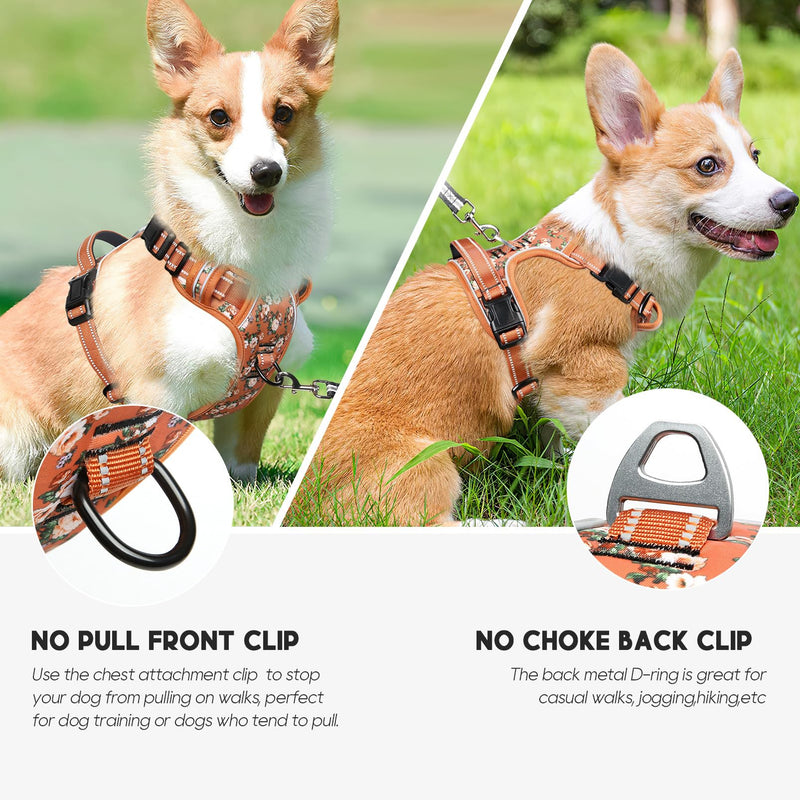 Timos Dog Harness, No Pull Dogs Harness 3 Snap Buckles Adjustable Reflective No Choke Pet Vest for Small Dog with Soft Padded Control Training Handle for Outdoor Training,Flower Orange, S Small (Pack of 1) Normal-Flower Orange - PawsPlanet Australia