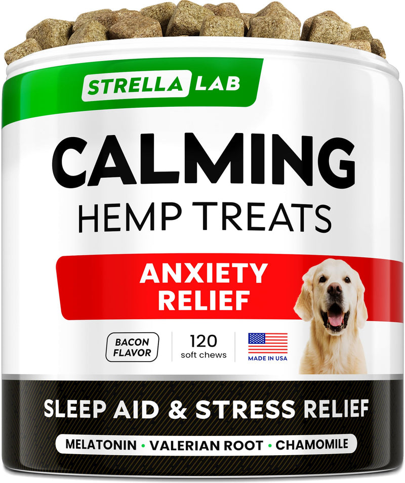 STRELLALAB Advanced Calming Hemp Chews for Dogs - Stress & Anxiety Relief - Behavior Aid - Natural Stress Relief During Firework, Storm, Barking - 120 Treats - Bacon 120 Ct (Smoky Bacon) (CALMING) Hemp Chews