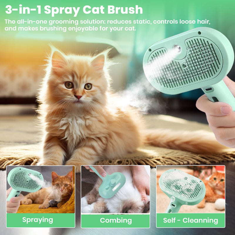 Cat Steam Brush 3 in 1 Steamy Pet Hair Removal Comb Brush Self Cleaning Anti Static Effective Hair Removal Cat Grooming (Green) Green - PawsPlanet Australia