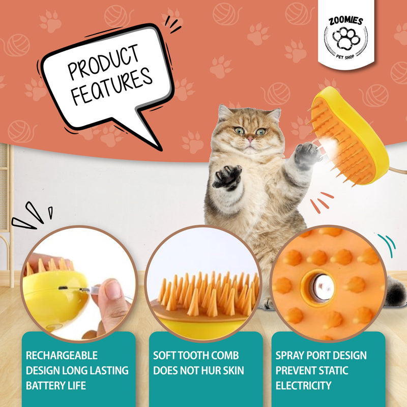 | Cat steam brush for shedding | 3-in-1 Steam brush for cats to remove loose hairs and reduce your cat's stress Yellow - PawsPlanet Australia