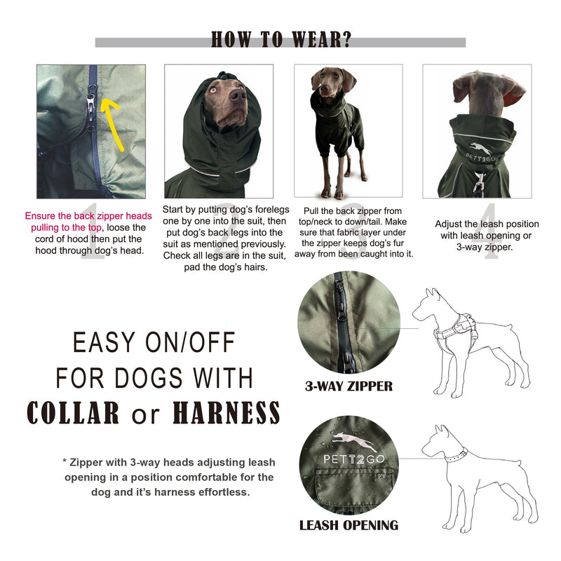 Dog Lightweight Windbreaker, Dog Outdoor 4-Legs Jacket, 0.5 lbs,Durable Water Repellent, Hooded, Easy on/Off with Collar and Harness, Reflective, Packable,Dark Olive (Large) Large - PawsPlanet Australia