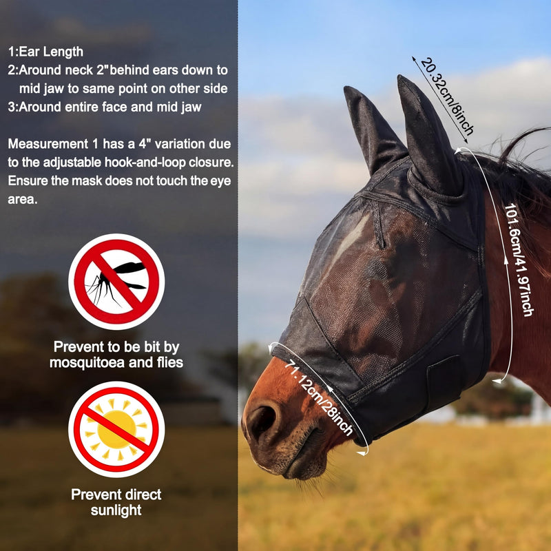 3 Pcs Derby Day Black Mesh Horse Fly Mask with Long Nose and Ears Derby Horse Accessories Smooth Elasticity Fly Mask with UV Protection for Racing Festival Competition