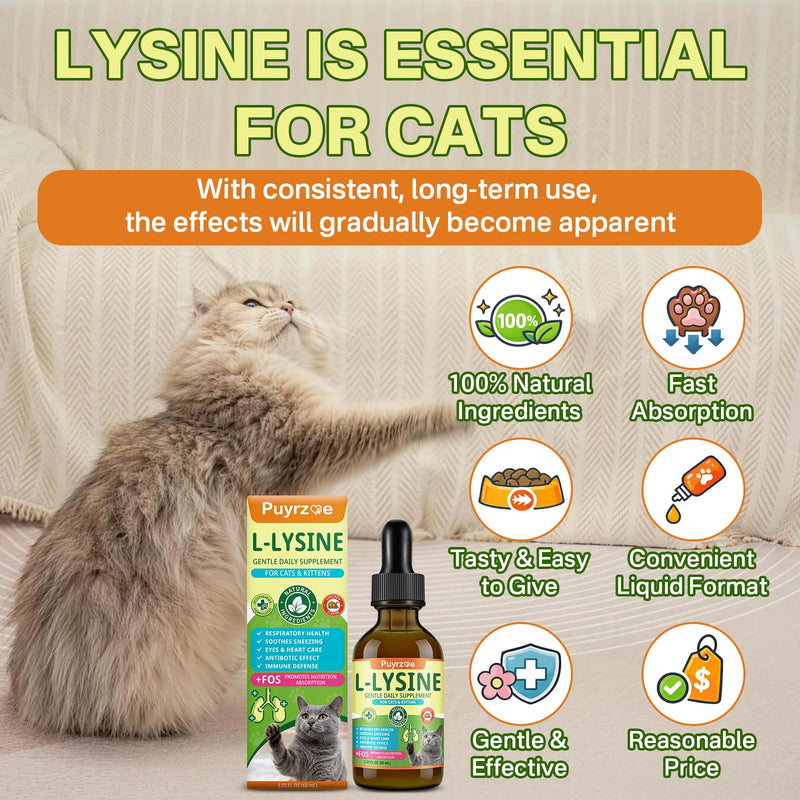 Puyrzoe L-Lysine for Cats Drops – Sneezing, Runny Nose & Watery Eyes Relief, Liquid Cat Lysine Supplement for Immune & Respiratory Support with Taurine & Vitamins, to Boost Energy & Appetite, 60 mL