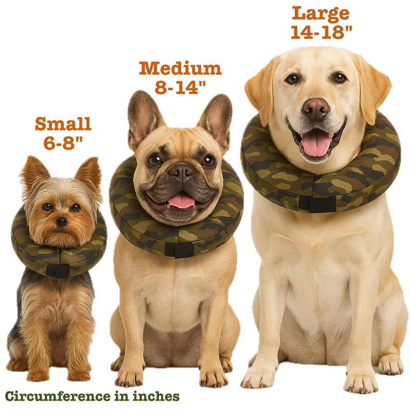Comfy-K9 Camo Cone - Inflatable Dog Cone with Soft Camouflage Design, Adjustable Blow Up Donut, Machine Washable, Small Size Collar for Comfortable & Stylish Pet Recovery