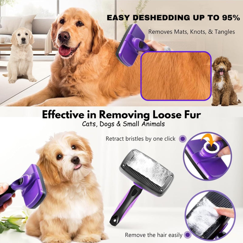 AINA Self-Cleaning Pet Grooming Brush | Pet Slicker Brush for Dogs & Cats Detangling & Fur Removal with Click Clean Button | Effective & Comfortable Pet Deshedding Brush, Perfect for Pet Grooming Large Purple - PawsPlanet Australia