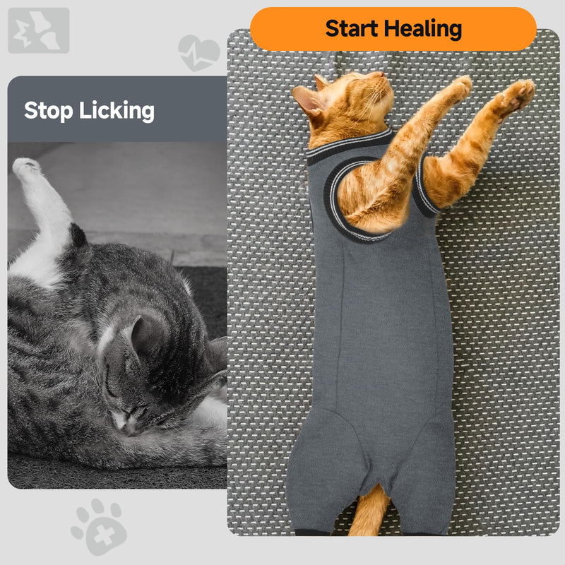 Stress-Free Cat Recovery Suit for Female Cats - Vet-Backed E-Collar Alternative, Anti-Lick & Rear Access Design Gray S Small grey