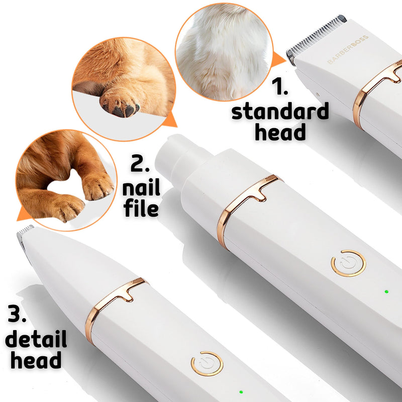 BarberBoss Cordless Dog Clipper - Grooming Kit for Smaller Pets with Sleek Design, Trimmer, Grinder & Small Heads, 3 Comb Attachments, Adjustable Lengths & Red/Green Light Indicators, QR-9091 - PawsPlanet Australia