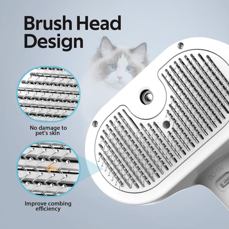 Pet Grooming Brush with Electronic Mist Spray - Gentle Deshedding Tool for Cats & Dogs, Reduces Shedding, Easy to Use, Soft Bristles, Promotes Healthy Coat-Comes with a hair smoothing comb-White White - PawsPlanet Australia