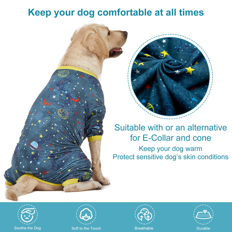 LovinPet Large Dog Surgery Recovery Shirt, Undershirt for Dog Coats, Anti Licking, Pitbull Clothes, Pet Anxiety Onesies, Navy Space Print, Pet Pajamas for Dogs, Pitbull Onesie, L Yellow collar/Blue