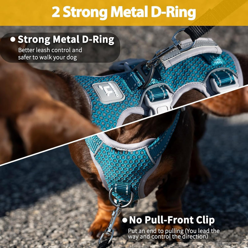 Huntboo Escape Proof Dog Harness, Secure Dog Harness No Escape, Fully Reflective Harnesses with Handle, Breathable, Durable, Adjustable Vest for Small Dogs Walking, Training & Running Gear(Teal,XS) X-Small(Pack of 1) Blue - PawsPlanet Australia