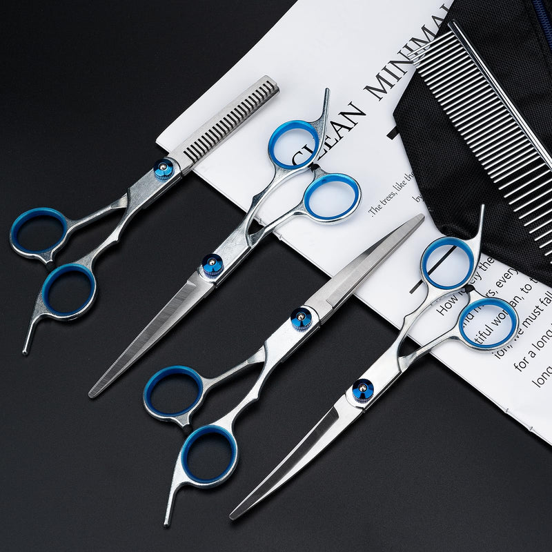 6-Piece Professional Dog Grooming Scissors Set - Curved, Round Tip, Stainless Steel, Pet Hair Trimming Scissors with Storage Bag Blue