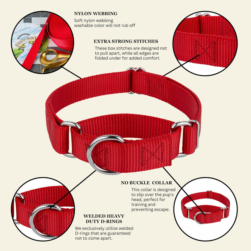 Country Brook Petz - Martingale Dog Collar - Heavy-Duty Training Collar with No Buckle - Service Dog Collar for All Pups - 10+ Warm Colors (Red, 1 Inch, Large) Large (Pack of 1) Red