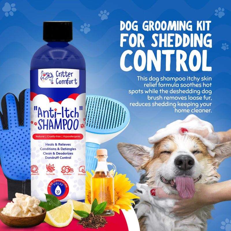 Premium Dog Grooming Kit – Tea Tree Oil (1%) Anti-Itch Shampoo, Self-Cleaning Slicker Brush & Grooming Glove – Skin Support & Coat Maintenance System - PawsPlanet Australia