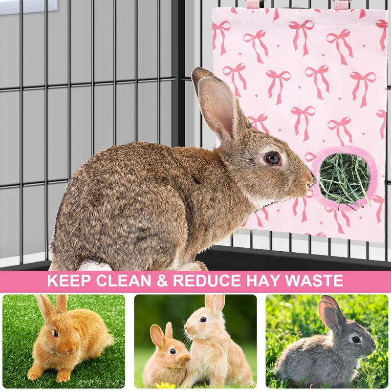 2Pcs Rabbit Hay Feeder Bag with 2 Holes Pink Bow Guinea Pig Hanging Hay Feeding Bag Storage Dispenser for Chinchilla Hamster Bunny Small Animal Pet - PawsPlanet Australia