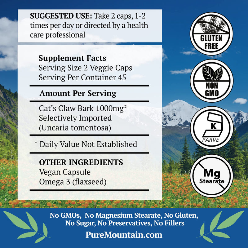 Pure Mountain Botanicals Cat’s Claw Capsules - 90 Kosher Vegan Caps with 1000mg Peruvian Cats Claw Uncaria Tomentosa Herbal Supplement - PawsPlanet Australia