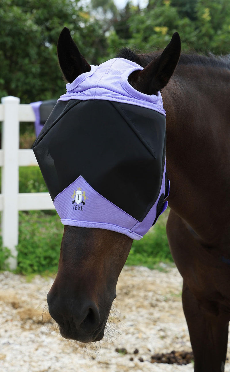 T TEKE Fine Mesh Horse Fly Mask w/No Ears, UV Blocking 3D Eye Visor with Extra Fleece Cushioned Forehead, Protection from Insect Pests, Full, Red